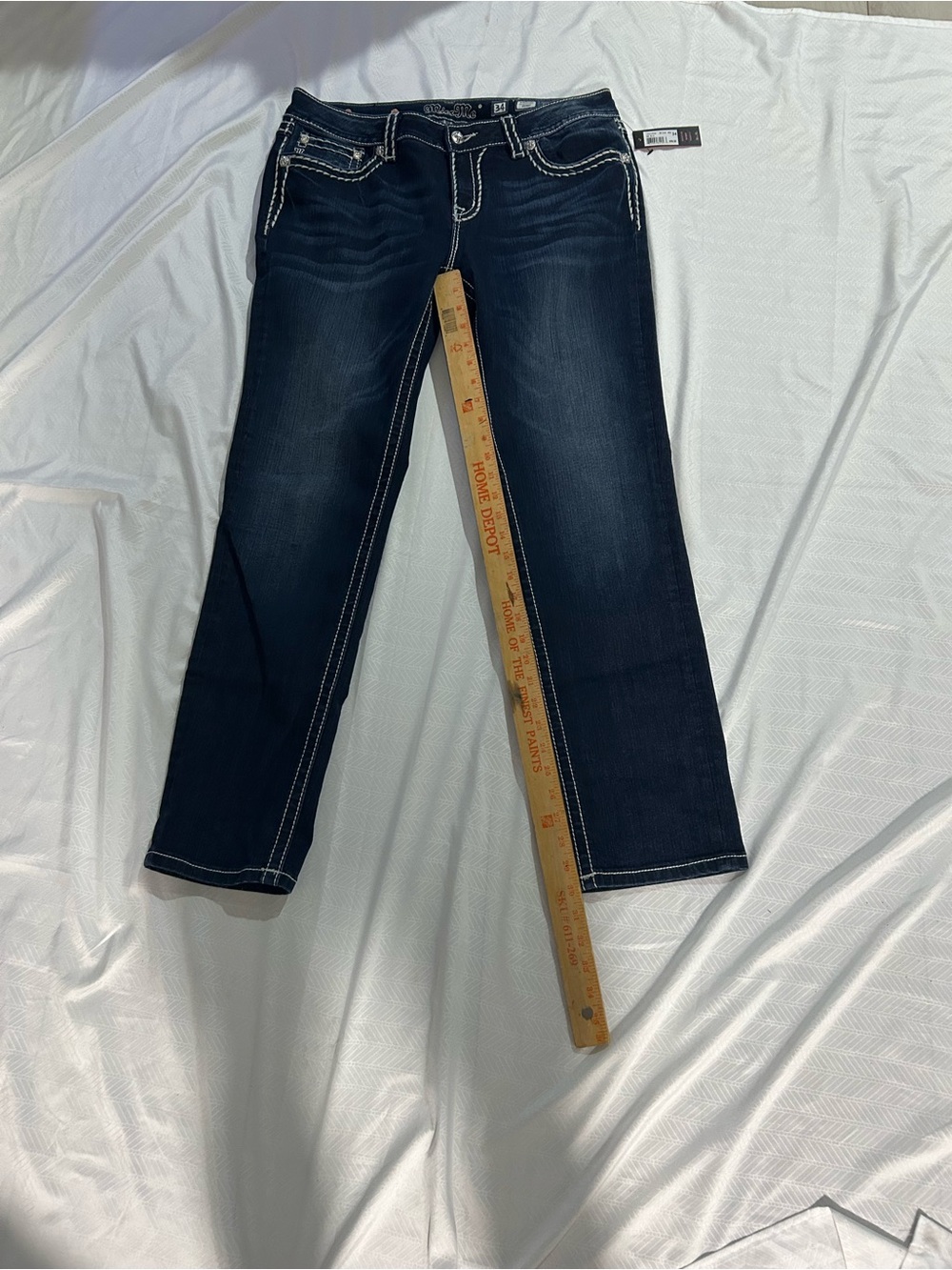 Miss Me Dark Indigo Straight Leg Jeans with White Stitching